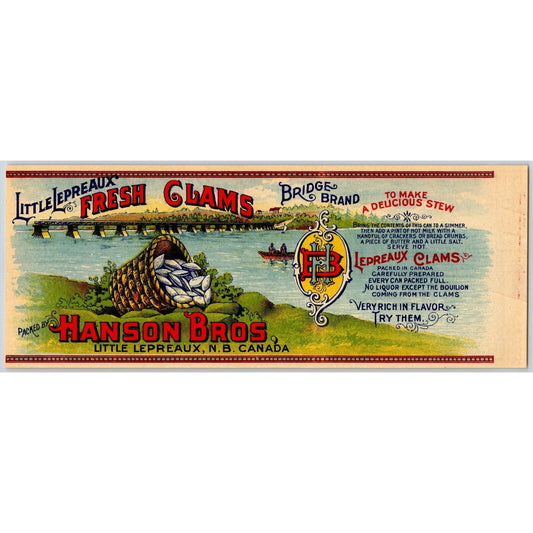 Bridge Brand Fresh Clams Paper Can Label Hanson Bros. Little Lepreaux c1903