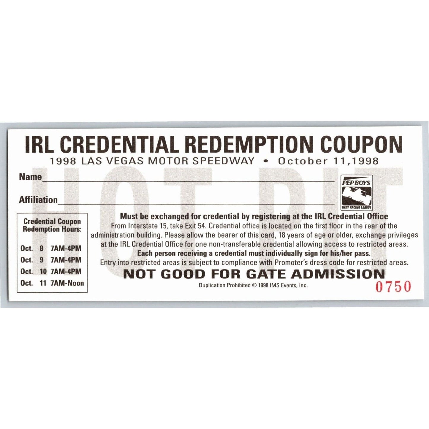 1998 Las Vegas Motor Speedway IRL Credential Redemption Coupon Hot Pit VGC