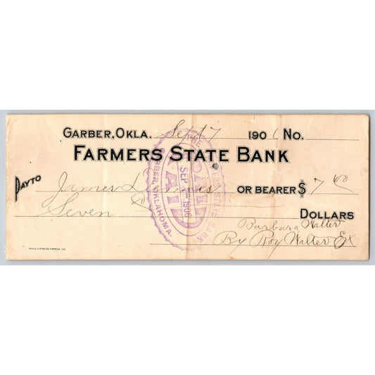 Garber Oklahoma Territorial 1901 Farmers State Bank Check Scarce