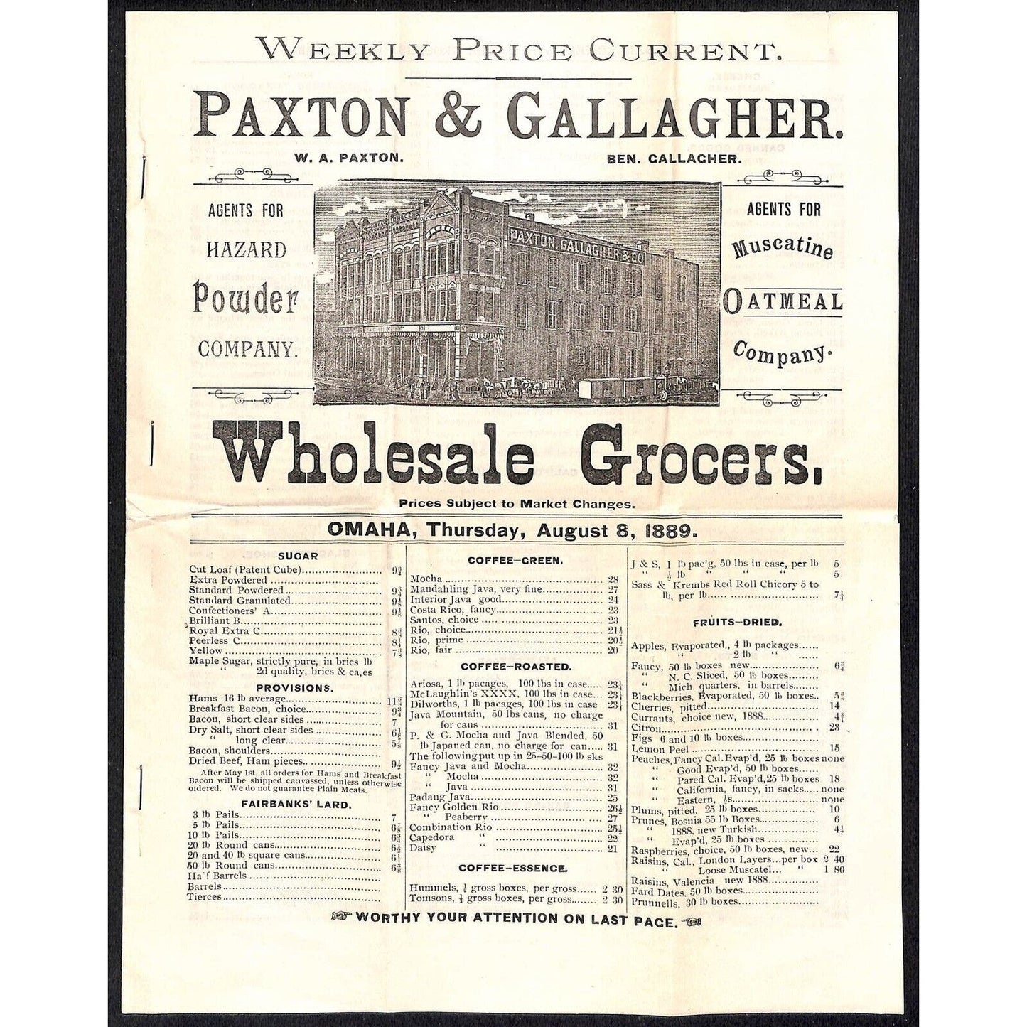 1889 Paxton & Gallagher "Weekly Price Current" Wholesale Grocers 8pp VGC Scarce