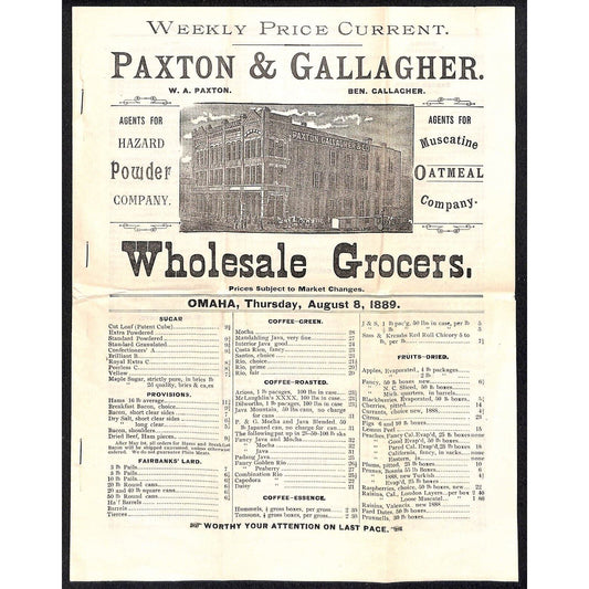 1889 Paxton & Gallagher "Weekly Price Current" Wholesale Grocers 8pp VGC Scarce