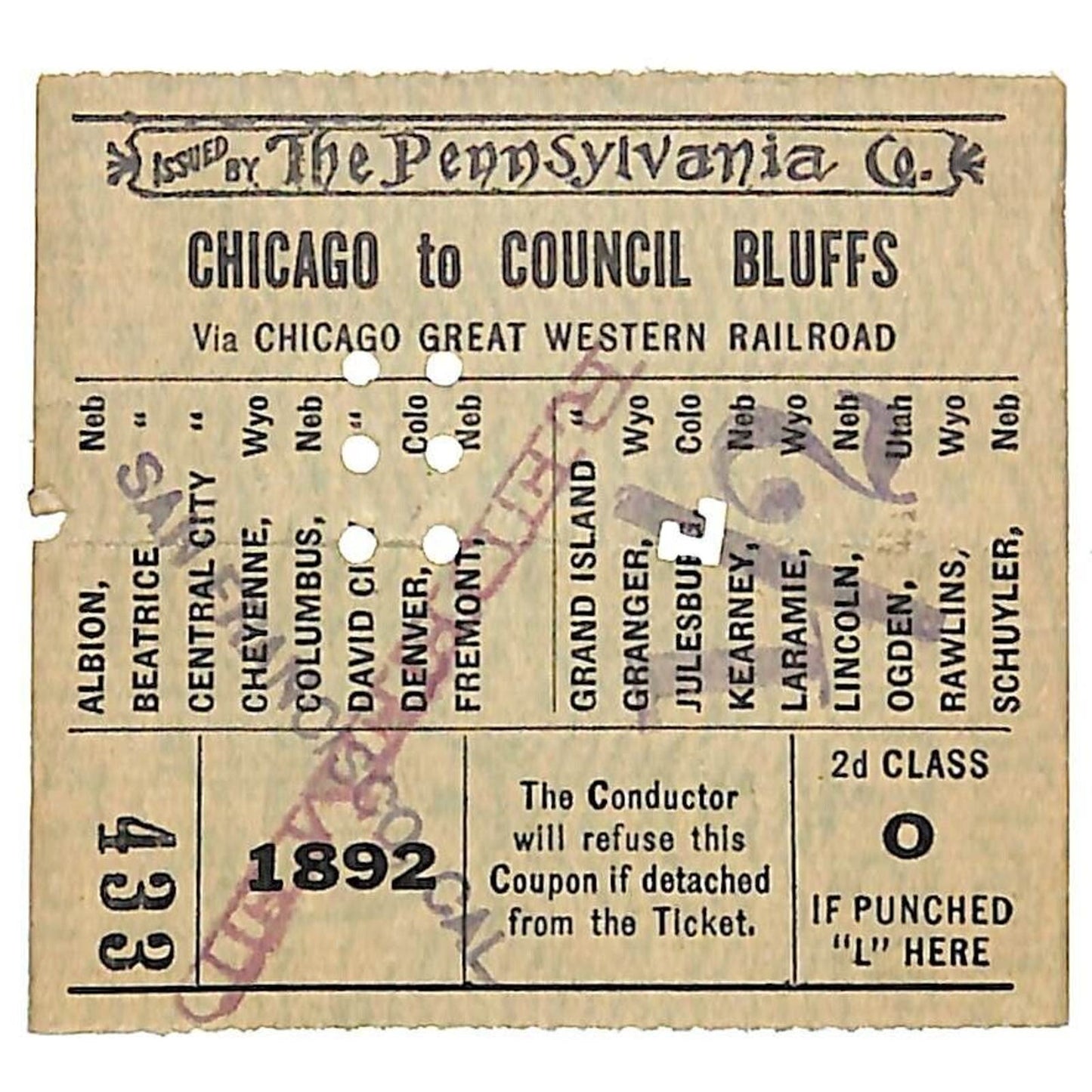 "The Pennsylvania Co" Chicago Great Western Railroad 1892 Ticket #433
