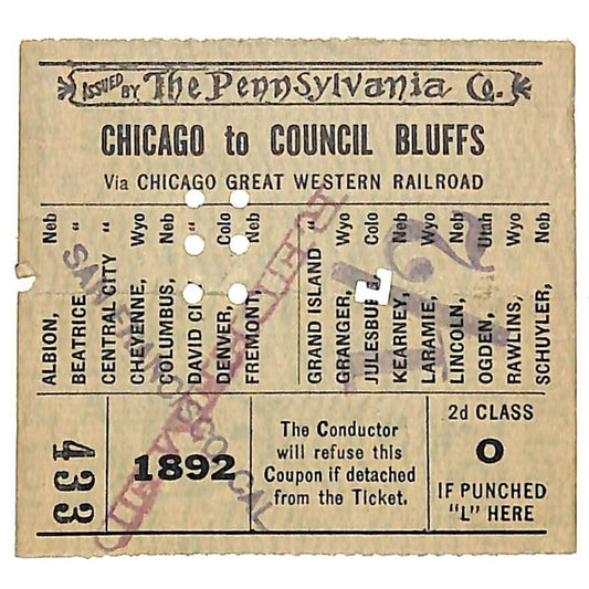 "The Pennsylvania Co" Chicago Great Western Railroad 1892 Ticket #433
