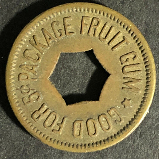 "Good For 5c Package Fruit Gum" Token (Watling Mfg Chicago) Hexagon Cut 21.24mm