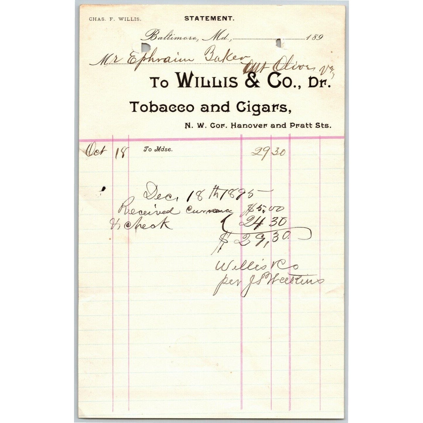 1895 Letterhead Willis & Co. Tobacco Cigars Baltimore - Ephraim Baker*