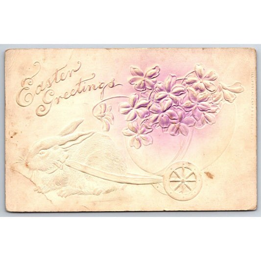 Easter Postcard "Easter Greeting" Floral Bunny Rabbit Cart EMB. PM c1909