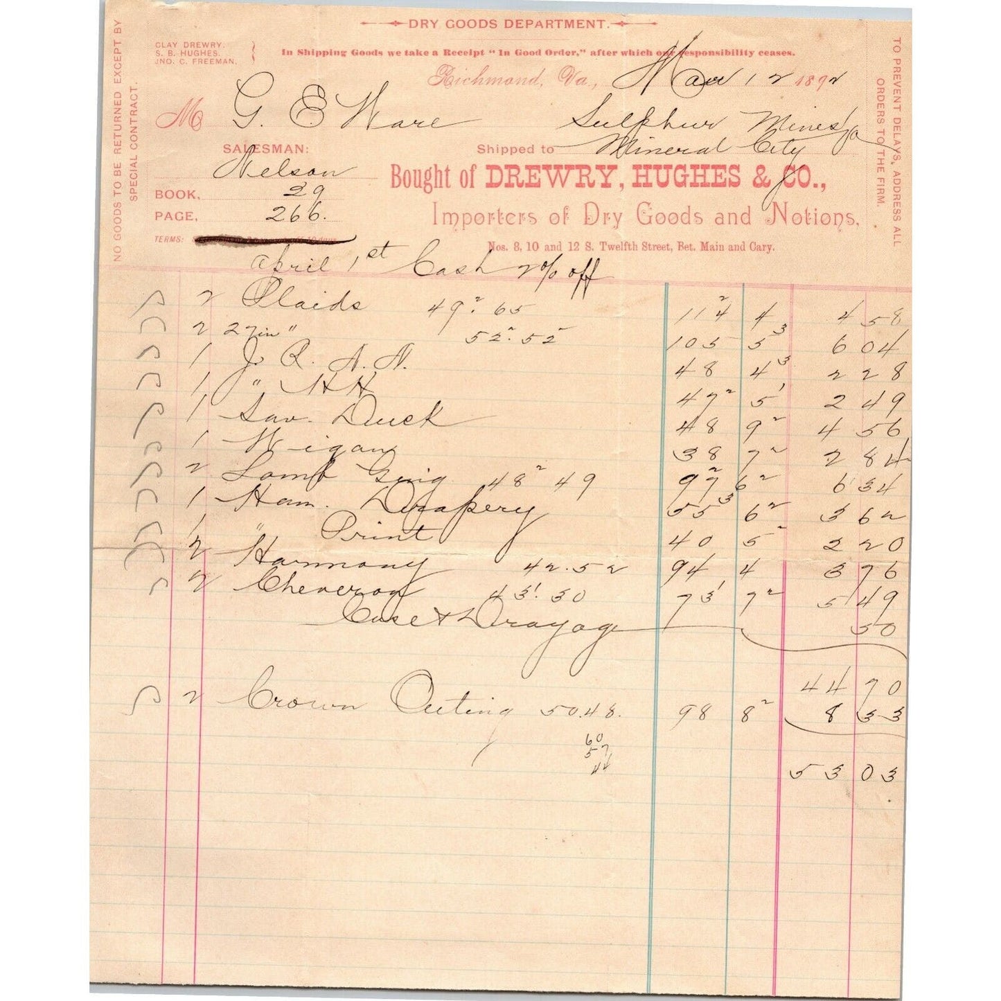 Drewry, Hughes & Co. Dry Goods Richmond, VA Letterhead o Geo. E. Wear 1892