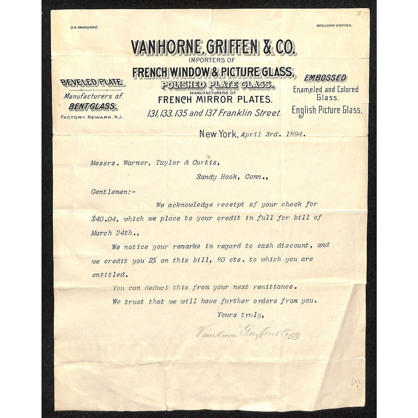 1894 Franklin St. NY Letterhead Vanhorne, Griffen French Windows Plate Glass