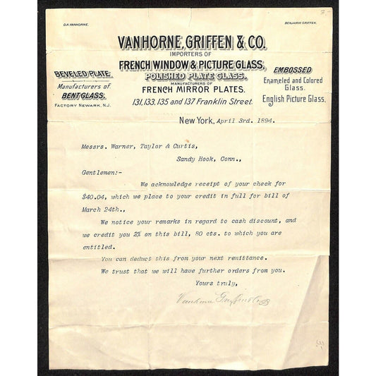 1894 Franklin St. NY Letterhead Vanhorne, Griffen French Windows Plate Glass
