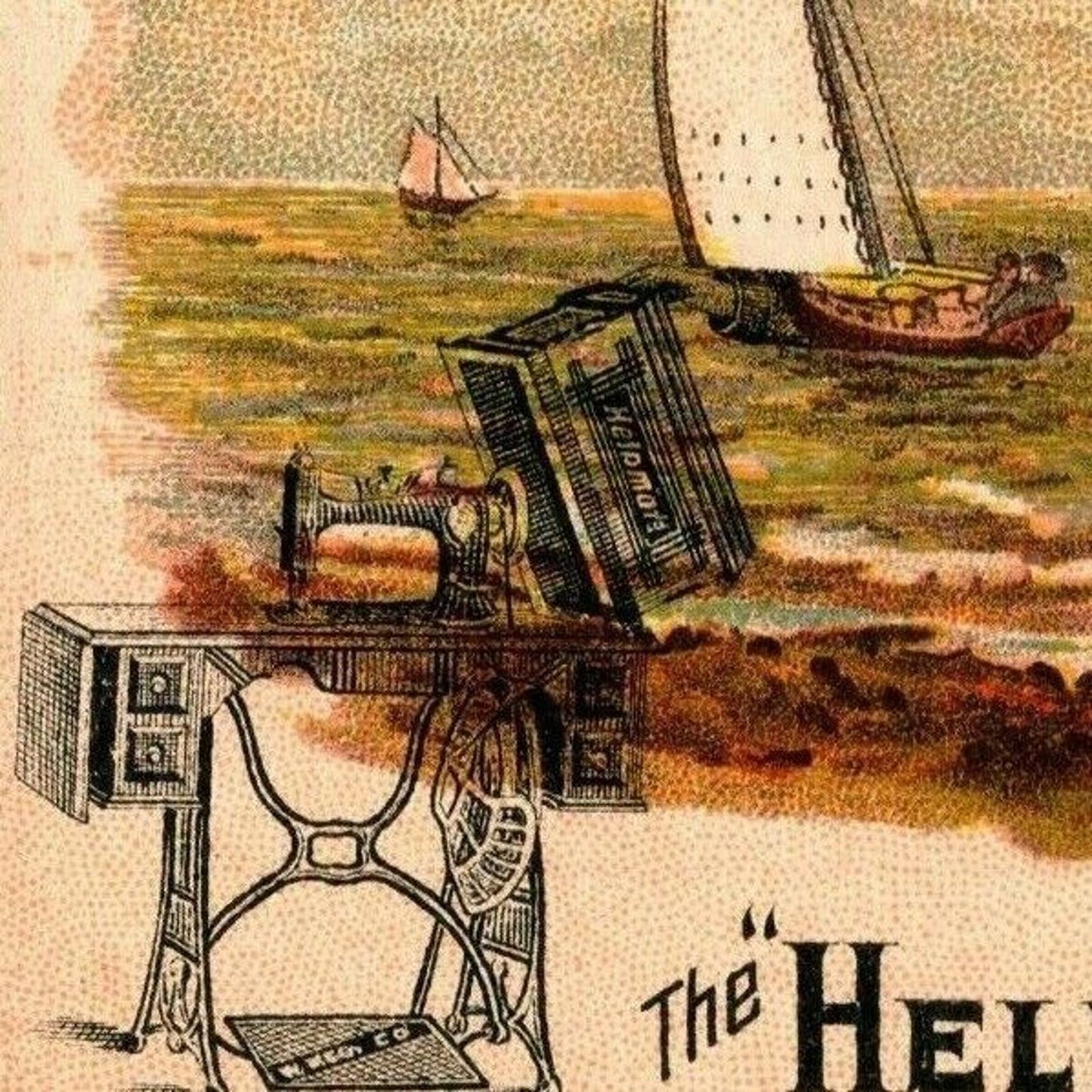 Victorian Trade Card Helpmate Sewing Machine Chas. W. Lowe Brockton, MA Sailboat