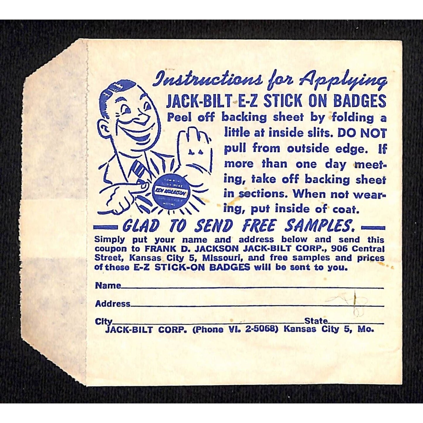 Jack-Bilt E-Z Stick On Badge Envelope Only c1940's-50's - VGC