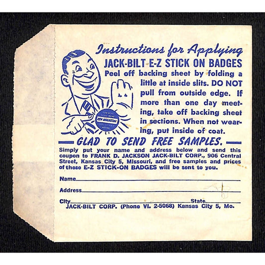 Jack-Bilt E-Z Stick On Badge Envelope Only c1940's-50's - VGC