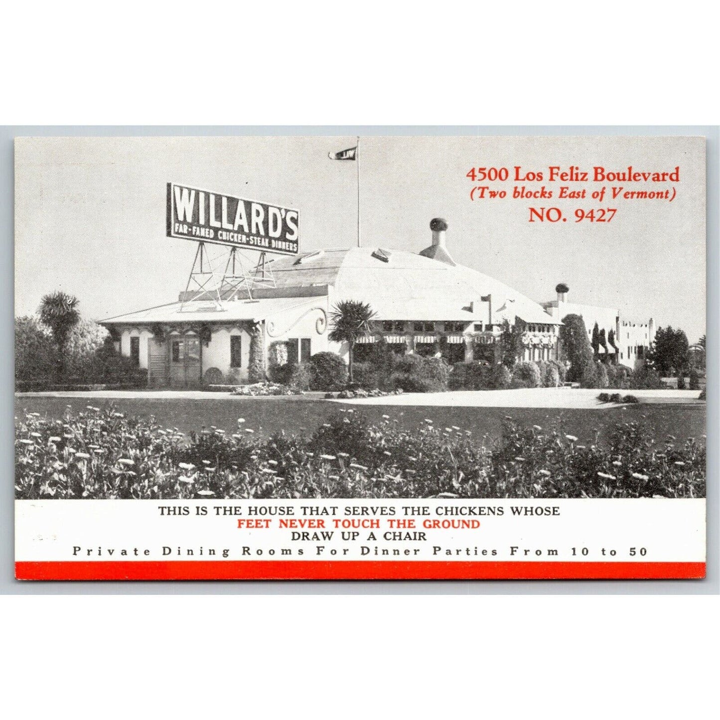 Vintage Review Postcard Willard's Restaurant Chicken Los Angeles c1940's