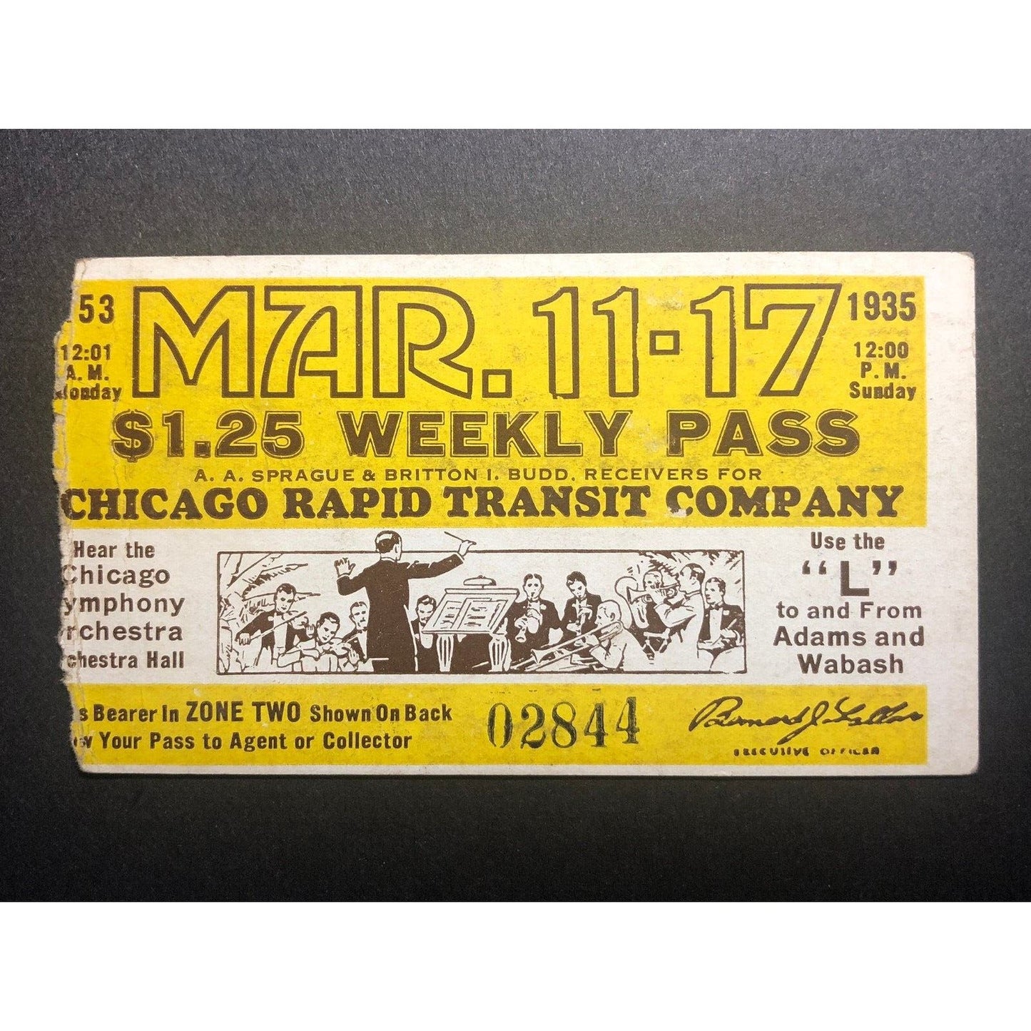1935 Chicago Transit Authority Weekly Pass Mar. w/ Big Band Conductor Art