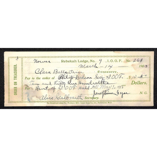 IOOF Odd Fellows Rebekah Lodge No.9 1903 Receipt / Billhead #261