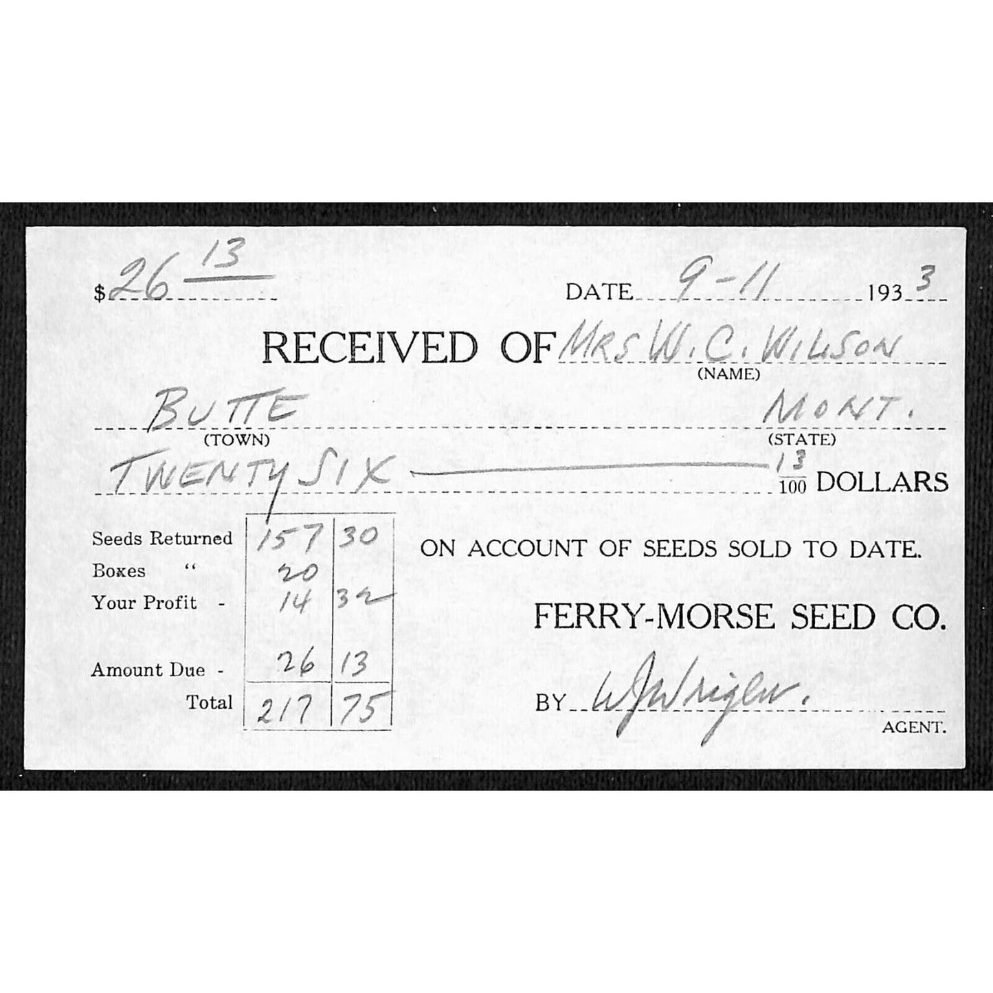 Ferry-Morse Seed Co. Butte Montana 1933 Billhead Letterhead Wilson Drug
