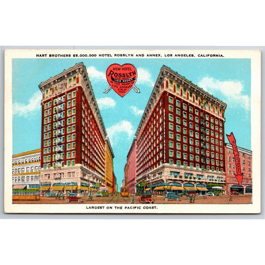 Hart Brothers Hotel Rosslyn & Annex Los Angeles Postcard NP c1930's Heart Rates