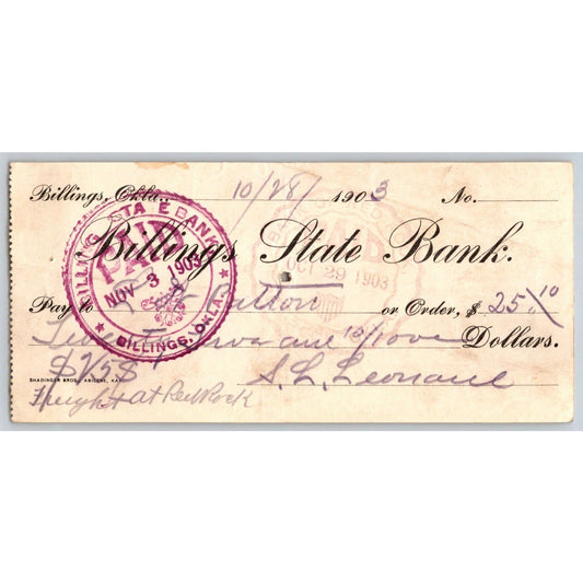 Billings, OK 1903 Territorial $25.10 State Bank Check - Scarce