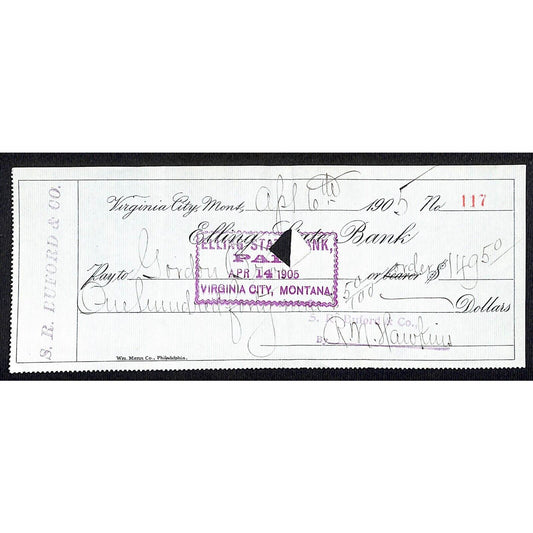 Virginia City Montana 1905 S.R. Buford / Elling State Bank Payment Receipt