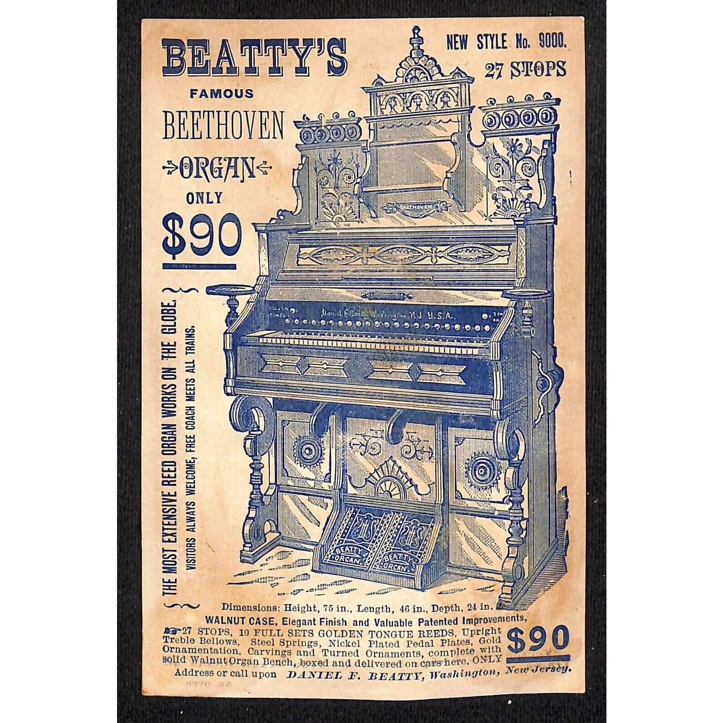 Beatty's Organs and Pianos Washington NJ Victorian Trade Card Horse Shoe Child