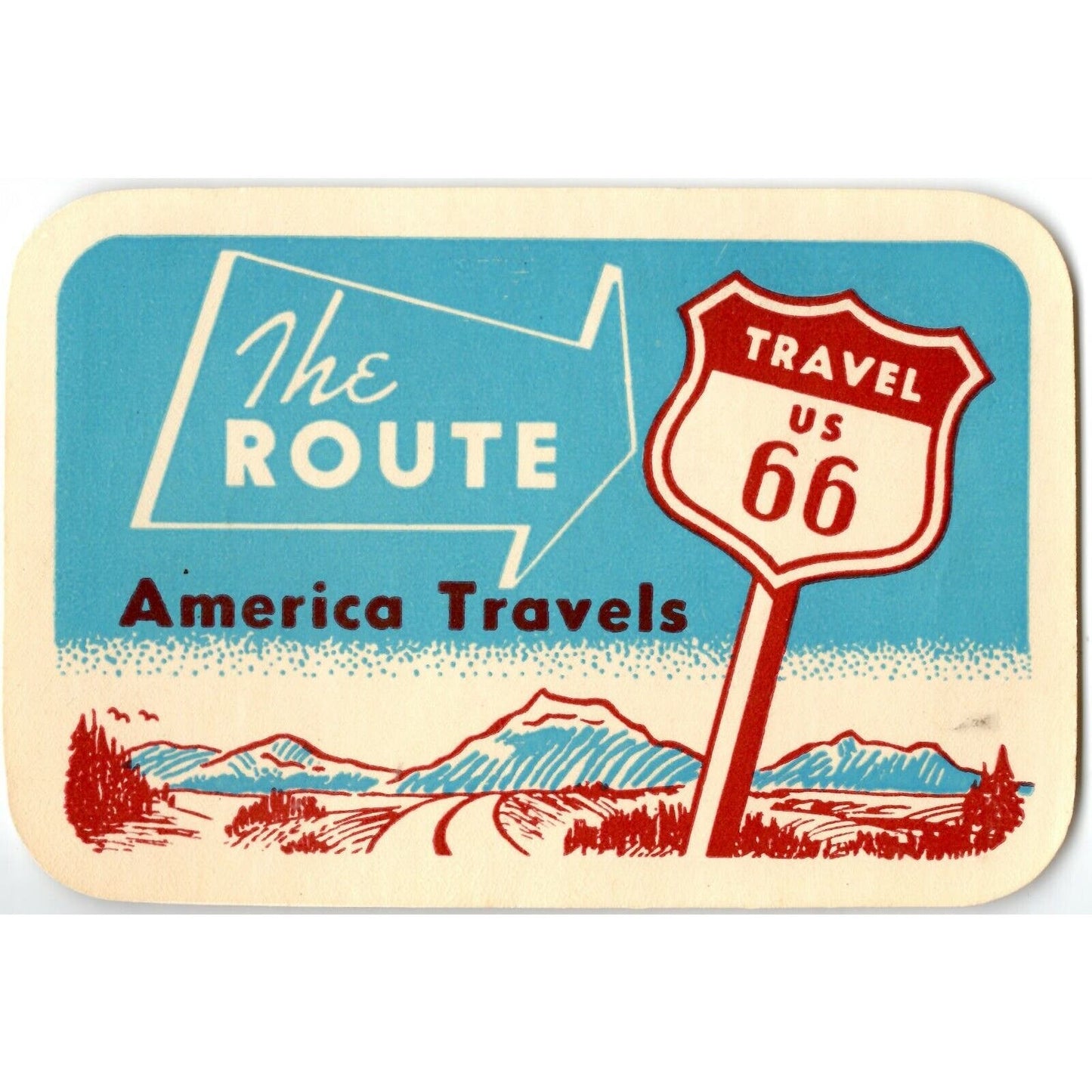 c1940's - 1950's "Travel to US 66" "The Route" Gum Adhesive Back Paper Label EXC