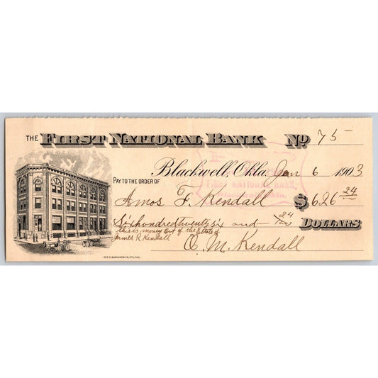 Blackwell, OK 1903 Territorial FNB Bank Check w/ Building Vignette - Scarce