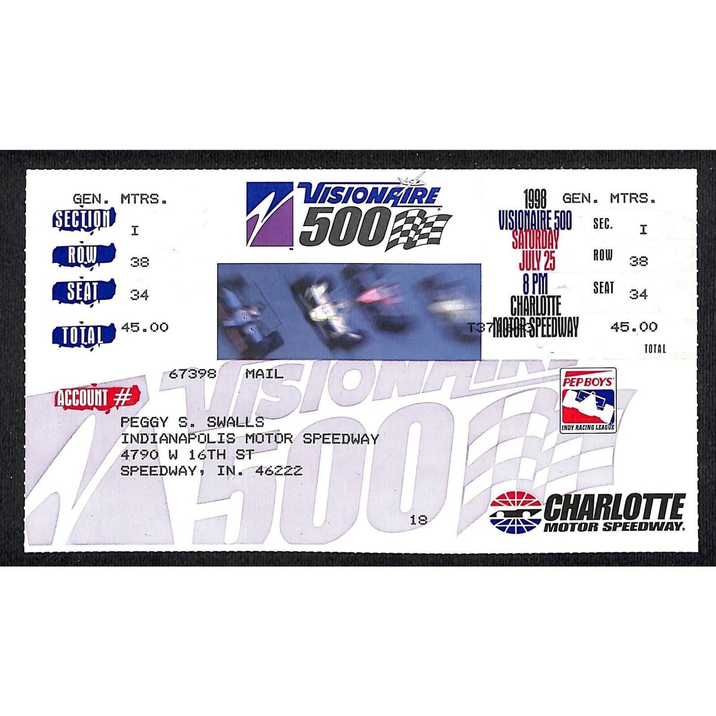 1998 Charlotte Motor Speedway Visionaire 500 Indy Racing Ticket Peggy Swalls*