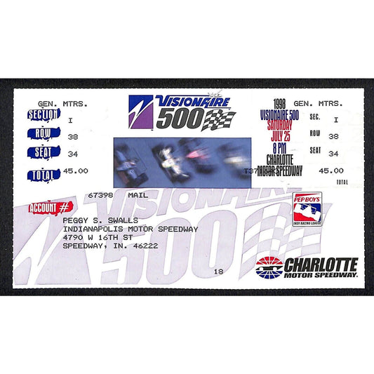 1998 Charlotte Motor Speedway Visionaire 500 Indy Racing Ticket Peggy Swalls*