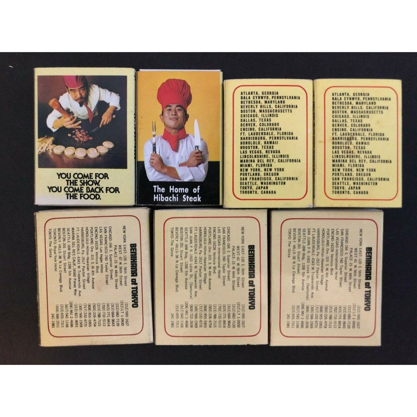 Group of 7 c1970's-80s' Wooden Matchboxes / Matchbooks - Benihana of Tokyo