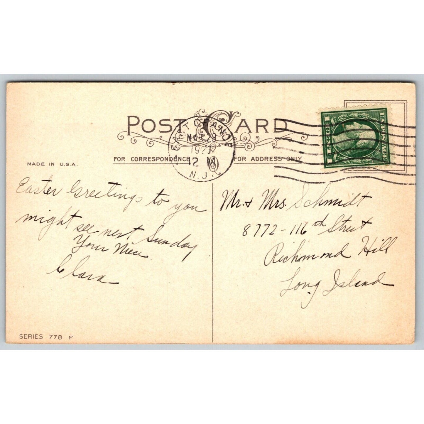 Easter Postcard "Greetings at Easter" Cross Lilies Angel PM c1920