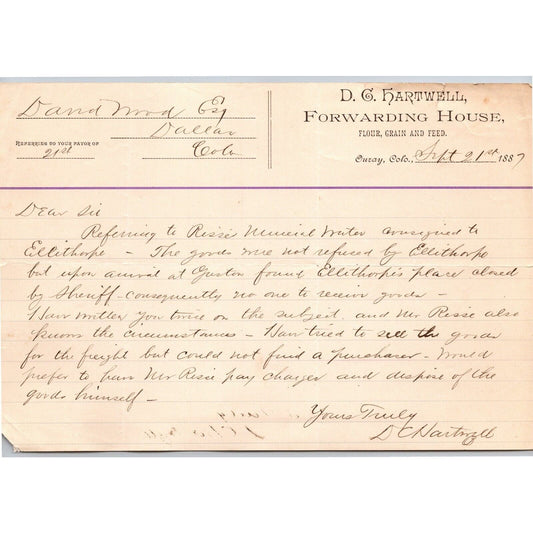 1887 Ouray, CO "D.C. Hartwell" Flour Grain Feed Forwarding House Letterhead
