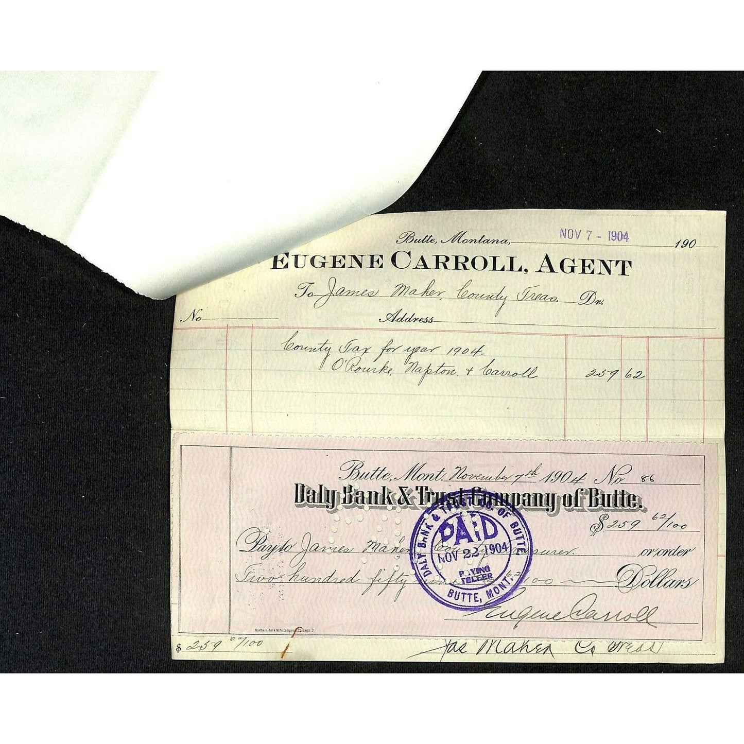 1904 Check Daly Bank Trust of Butte, MT Eugene Carroll Silver Bow Tax Receipt