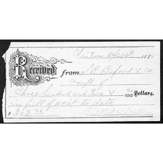 Butte / Virginia City Montana S.R. Buford 1880 - Payment Receipt