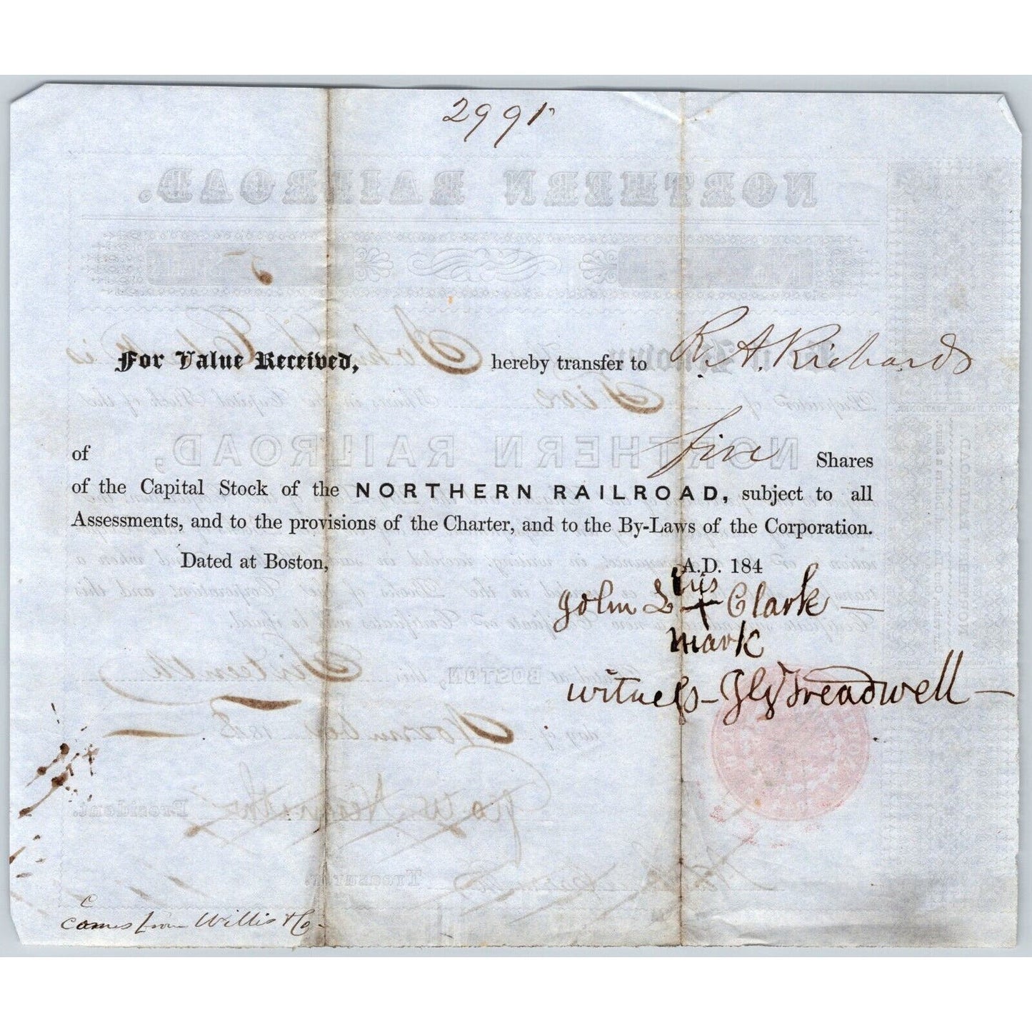 1848 Boston, MA Northern Railroad Stock Certificate No. 4538 for 5 Shares