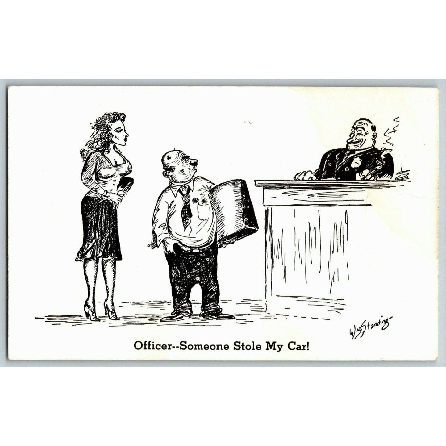 c1940's "Officer, Someone Stole My Car!" (Wm. Standing) Humor Comic Postcard