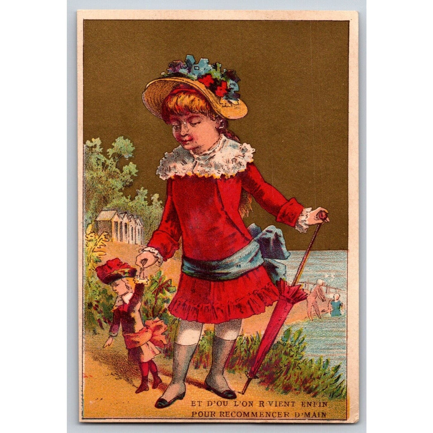 Girl in Dress, Hat & Parasol Plays w/ Doll - Victorian Trade Card Soapine