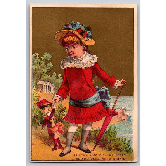 Girl in Dress, Hat & Parasol Plays w/ Doll - Victorian Trade Card Soapine