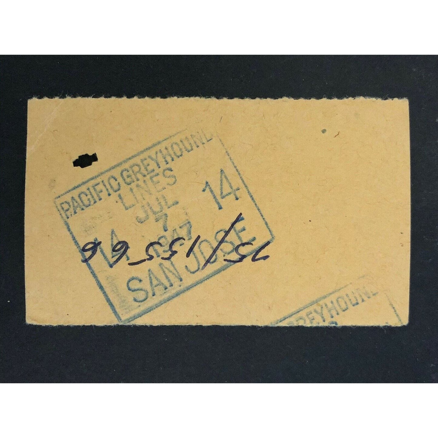 Pacific Greyhound Bus Lines I.D. Check / Ticket "San Jose" 43804 c1945-1955