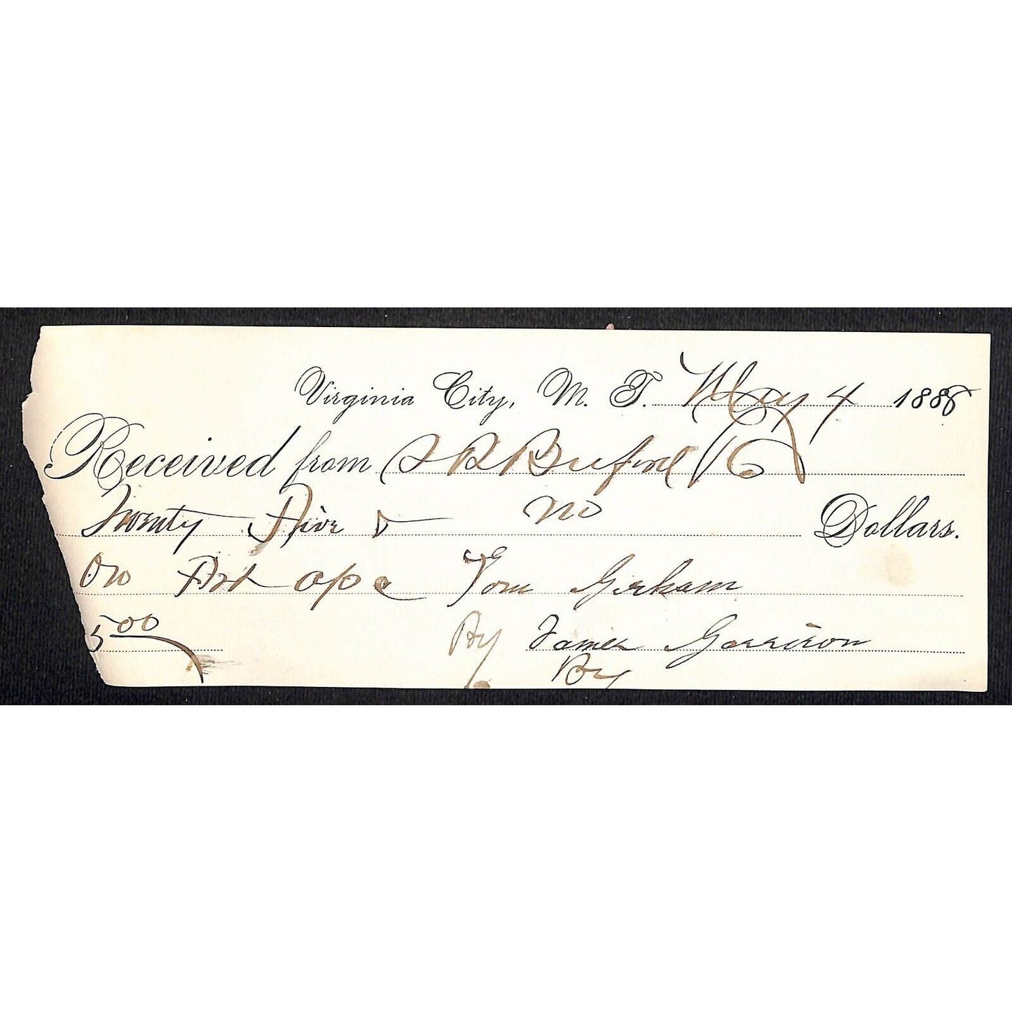 Virginia City Montana S.R. Buford 1888 $25 Payment Receipt