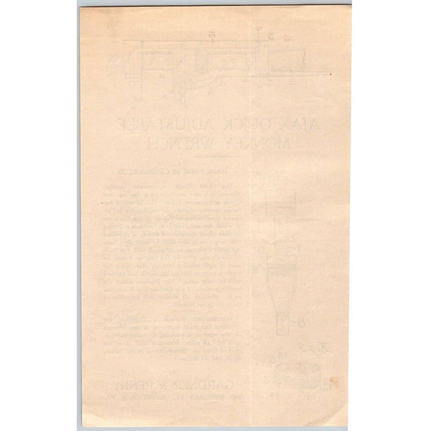 Johnstown, PA Gardner & Penny Co Ajax Quick Adj. Monkey Wrench Sales Sheet c1920