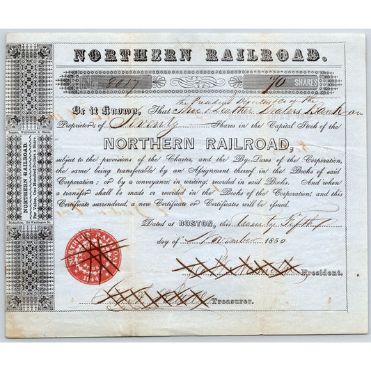 1850 Boston, MA Northern Railroad Stock Certificate No. 8017 for 70 Shares
