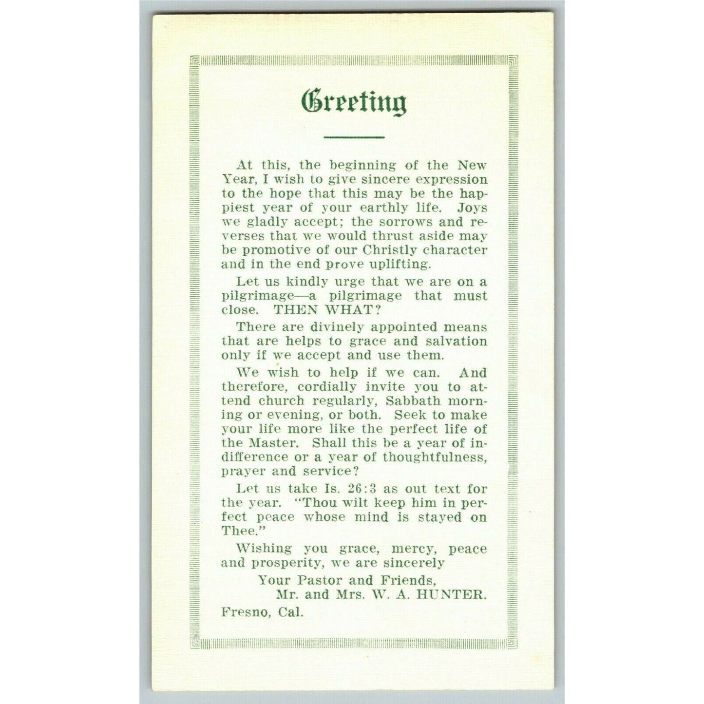 1915 Fresno, CA Church Pastor's Religious Happy New Year Greeting Card VGC