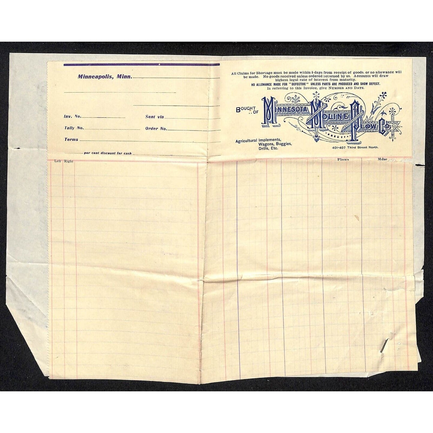 Minnesota Moline Plow Co Implements Wagons 1909 Letterhead & Check Sheet Buford*