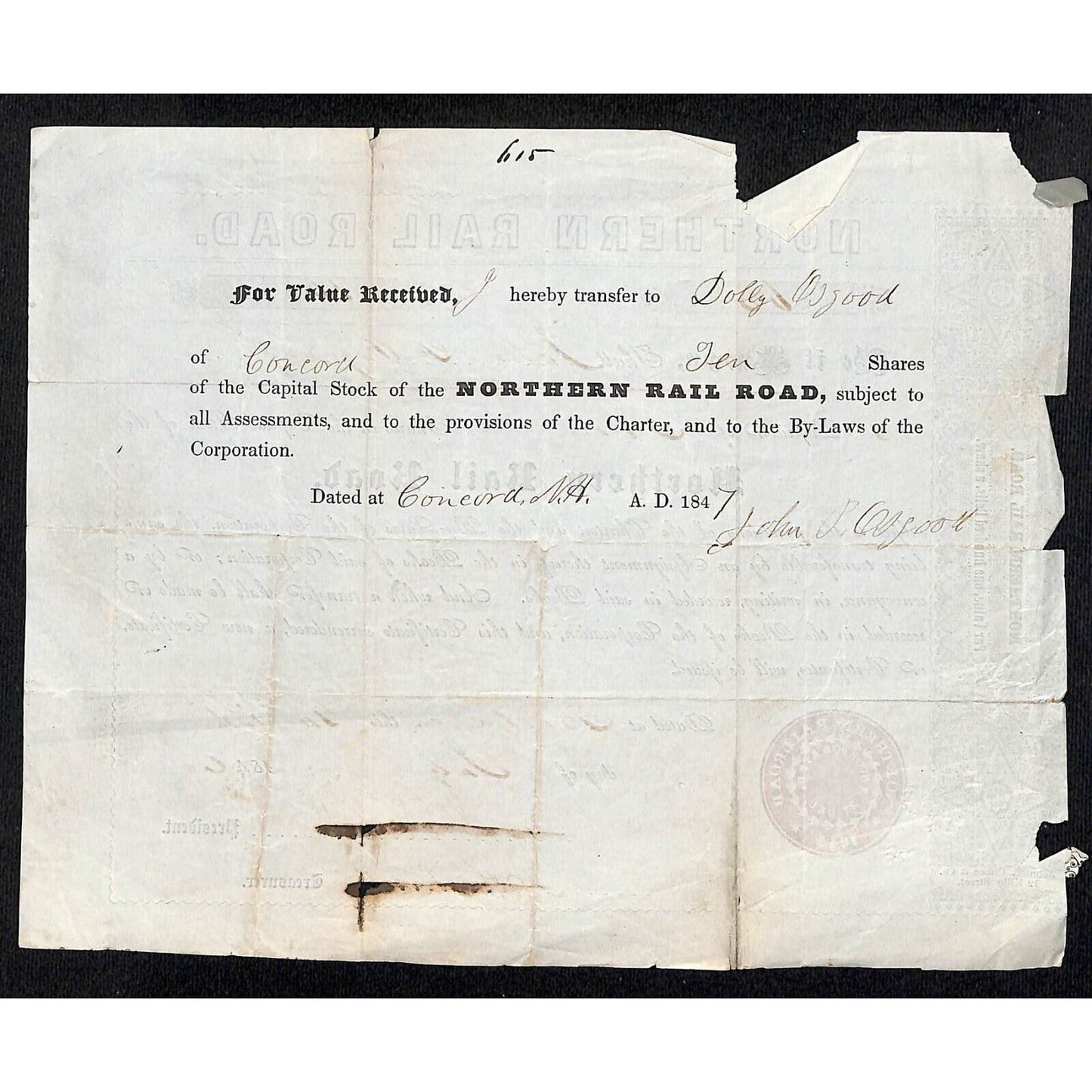 1846 Boston MA Northern Railroad Stock Certificate VERY LOW No. 63 for 10 Shares