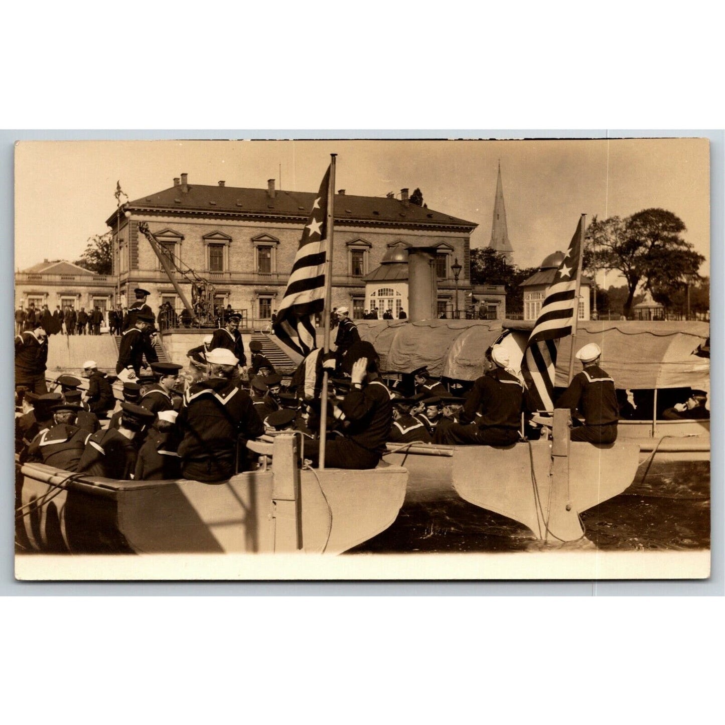 Vintage PPC Postcard "American Flag - Crowd of Sailors"