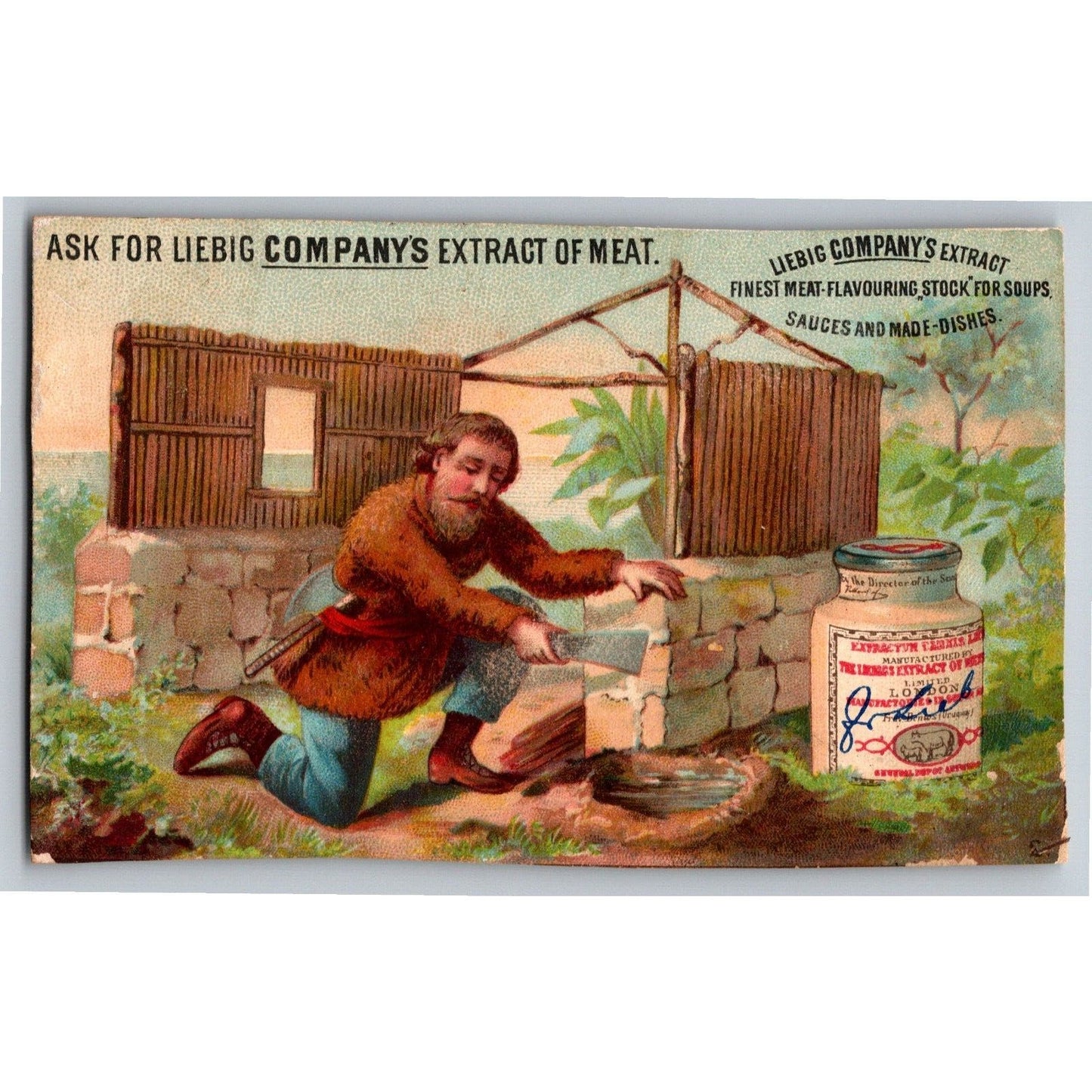 Man Laying Brick House Foundation Victorian Trade Card Liebig Extract of Meat