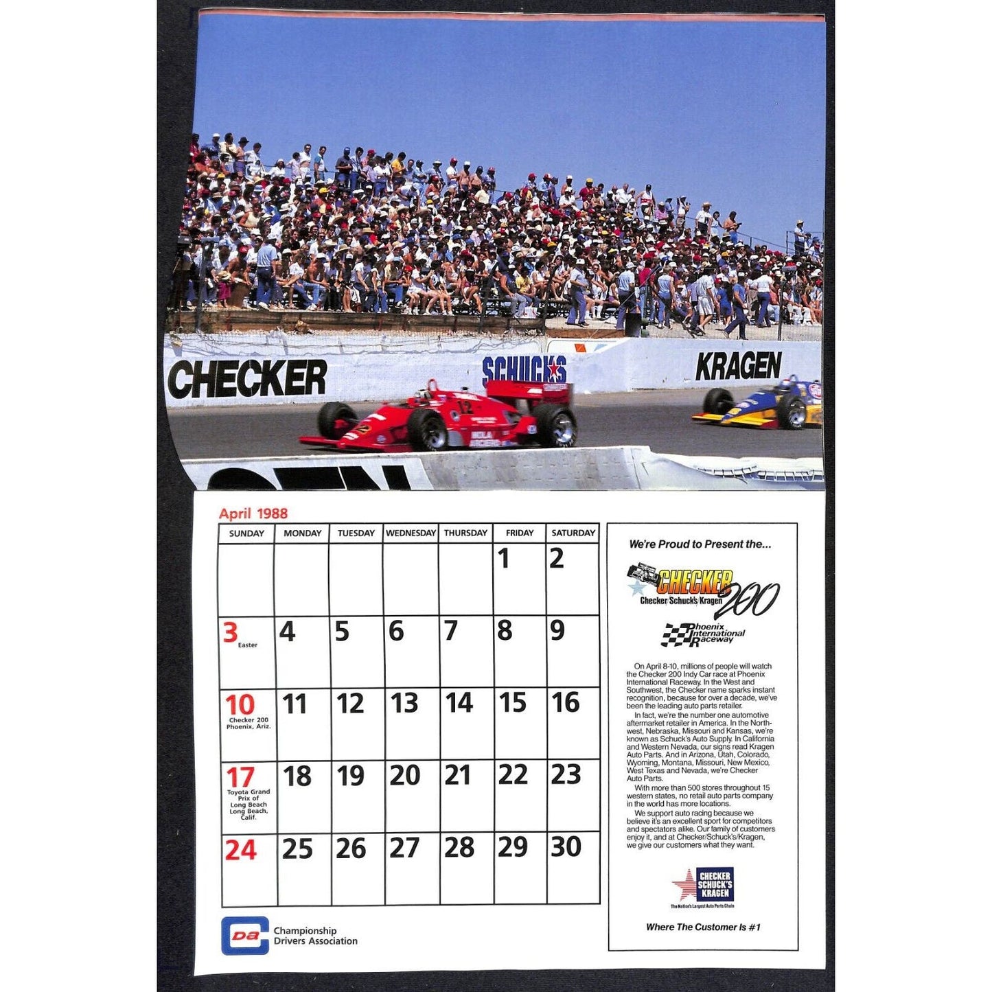 1988 Indy 500 PPG CDA Championship Drivers Assoc. Calendar w/ Bobby Rahal