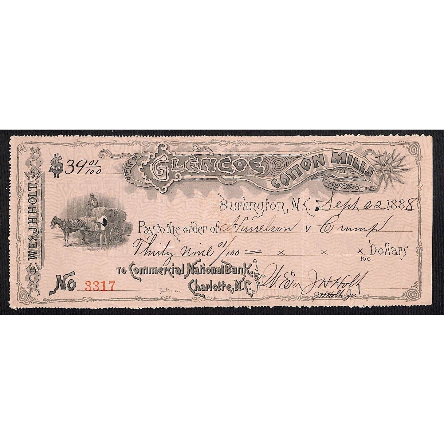 Burlington, NC Glencoe Cotton Mills 1888 $39.01 Bank Check w/ Vignette Scarce