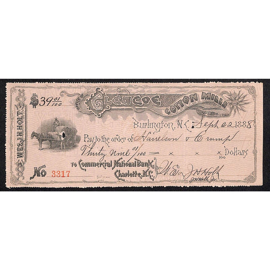 Burlington, NC Glencoe Cotton Mills 1888 $39.01 Bank Check w/ Vignette Scarce
