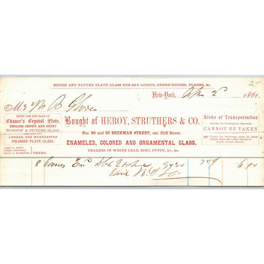 Heroy, Struthers & Co. NY to Glover, Warner & Clarke Sandy Hook Letterhead 1861